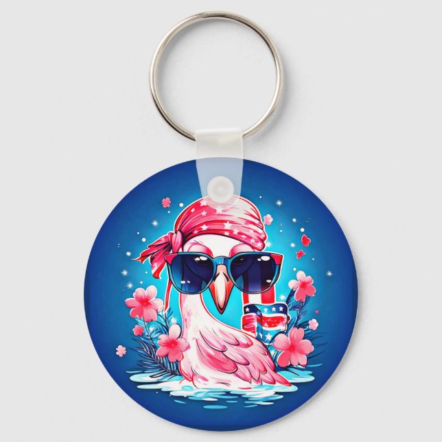 American Flag with Flamingo Cartoon-69681 Key Ring (Front)