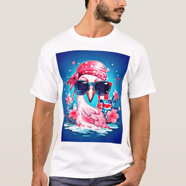 American Flag with Flamingo Cartoon-69681 T-Shirt (Front)