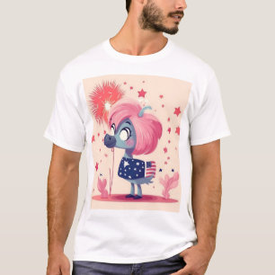 American Flag with Flamingo Cartoon Metal Print T-Shirt