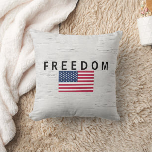 American Flag With FREEDOM Text On Birch Cushion