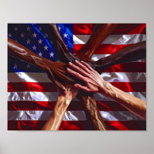 American Flag with hands from various Americans Poster