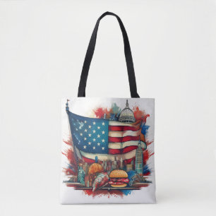 American Flag with Iconic Landmarks Tote Bag