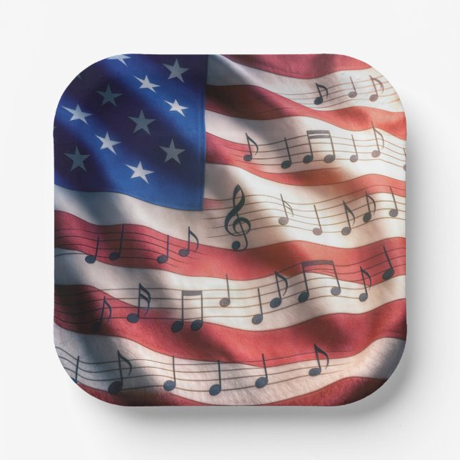 American Flag With Musical Notes Paper Plate (Front)