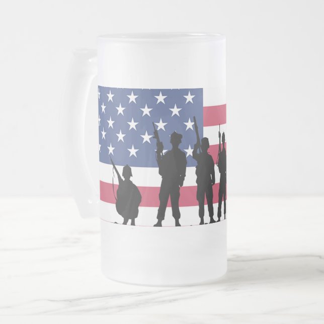 American flag with Soldiers silhouette Frosted Glass Beer Mug (Front Left)
