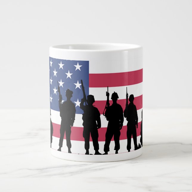 American Flag with Soldiers Silhouette Large Coffee Mug (Front)