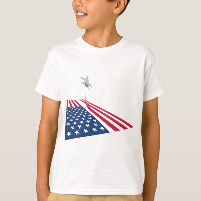 American flag with USA fighter plane taking off T-Shirt (Front)