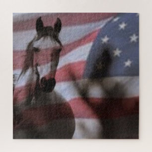 American Flag With Wild Horse Jigsaw Puzzle