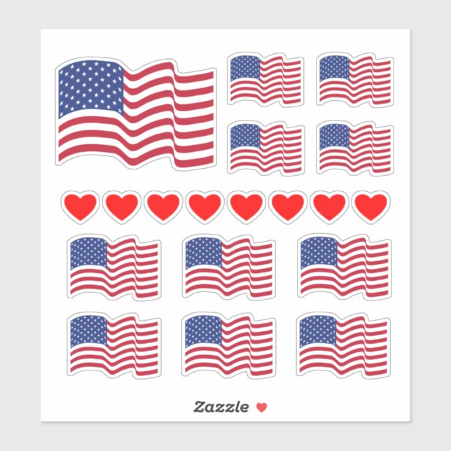 American Flags and Hearts Stickers  (Sheet)