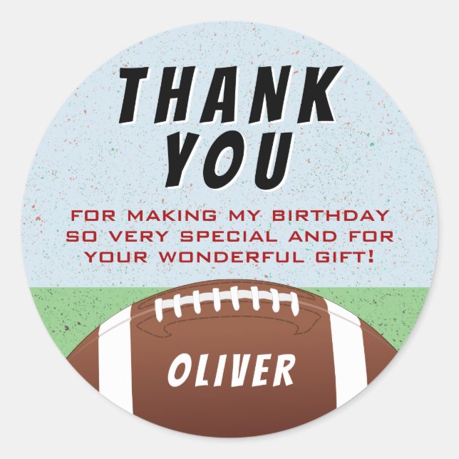 American Football Ball Birthday Thank You  Classic Round Sticker (Front)