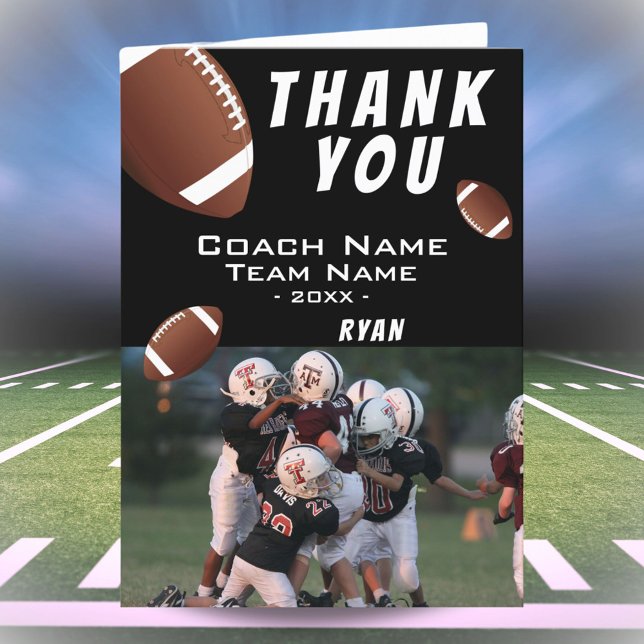 American Football Ball Black Thank you Coach Photo Card (Creator Uploaded)