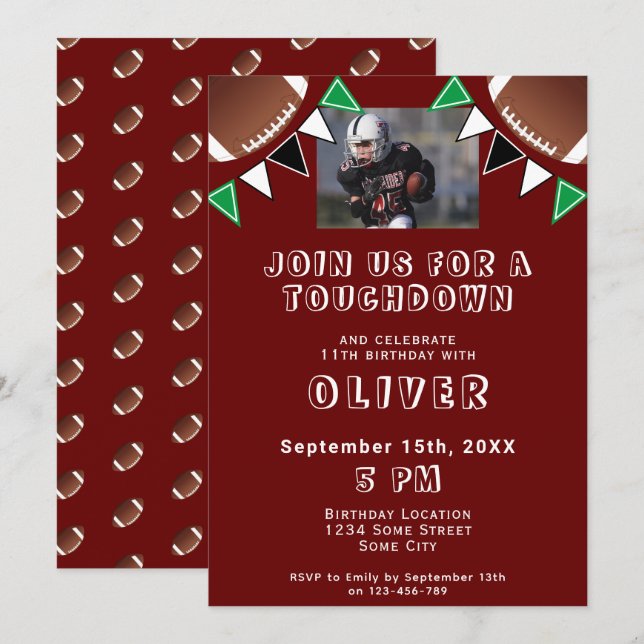 American Football Ball Flags Photo Birthday Party Invitation (Front/Back)