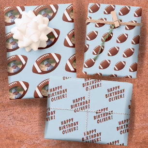 American Football Ball Happy Birthday Boy Photo Wrapping Paper Sheet