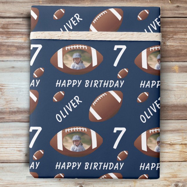 American Football Ball Happy Birthday Photo Blue Wrapping Paper (Creator Uploaded)