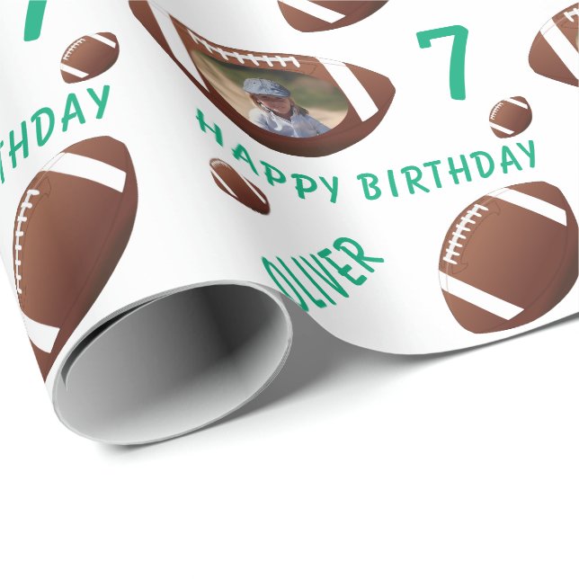 American Football Ball Happy Birthday Photo Wrapping Paper (Roll Corner)