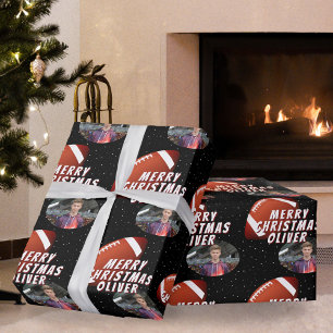 American Football Ball Merry Christmas Boy Photo Wrapping Paper