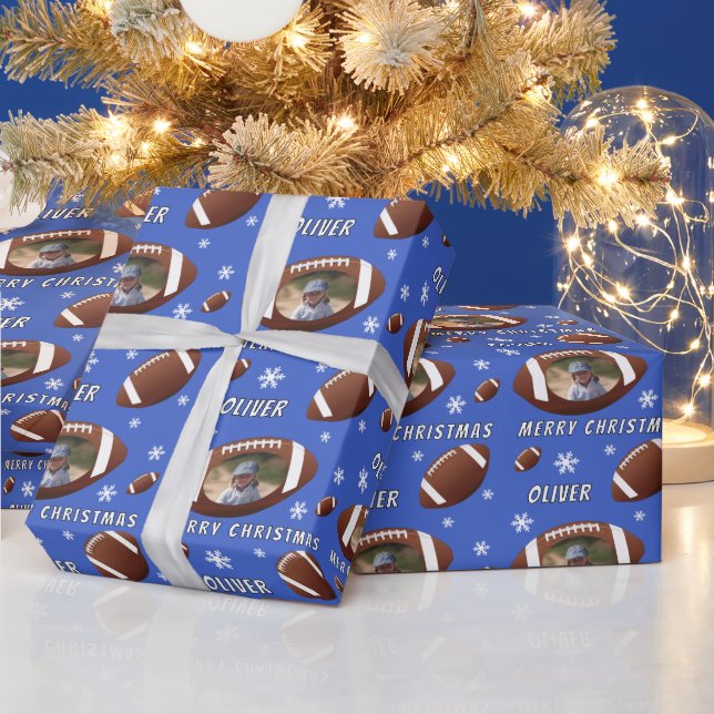 American Football Ball Merry Christmas Photo Wrapping Paper (Holidays)