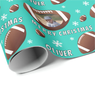 American Football Ball Merry Christmas Photo Wrapping Paper