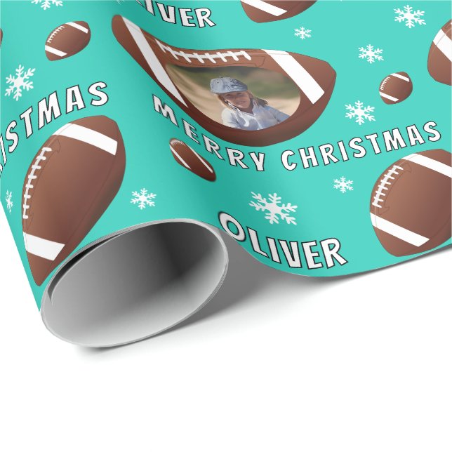 American Football Ball Merry Christmas Photo Wrapping Paper (Roll Corner)