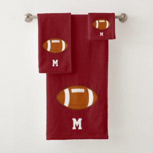 American Football Ball & Monogram on Maroon Bath Towel Set