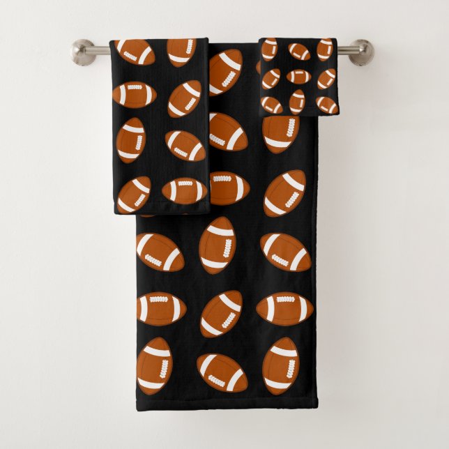 American Football Ball Pattern on Black Bath Towel Set (Insitu)