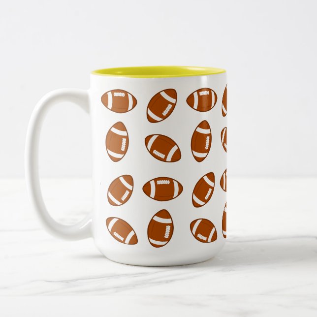 American Football Ball Pattern on White Two-Tone Coffee Mug (Left)
