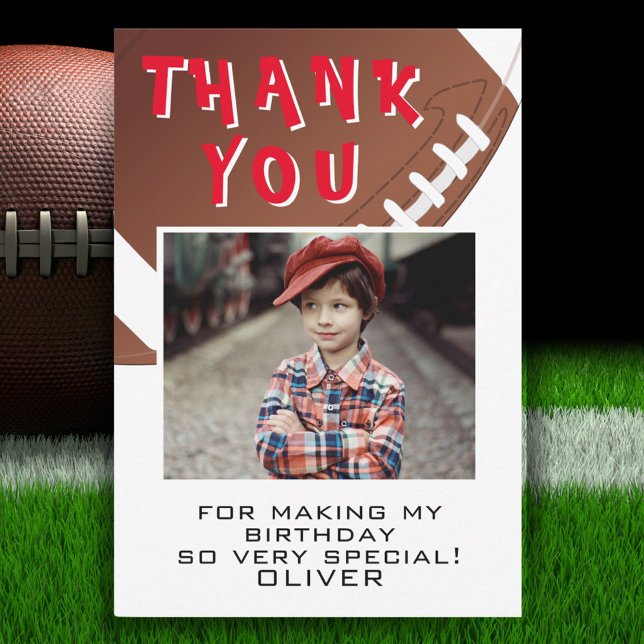 American Football Ball Sports Kids Birthday Photo  Thank You Card (Creator Uploaded)