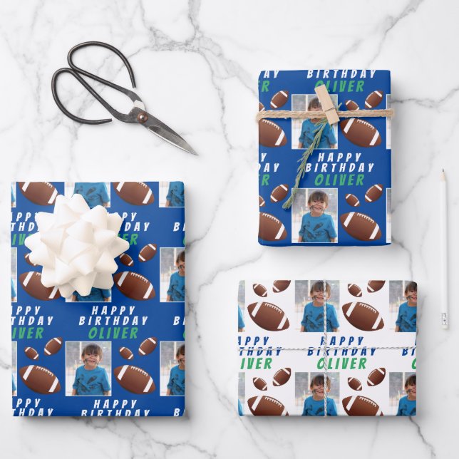 American Football Ball Sports Kids Birthday Photo Wrapping Paper Sheet (Front)