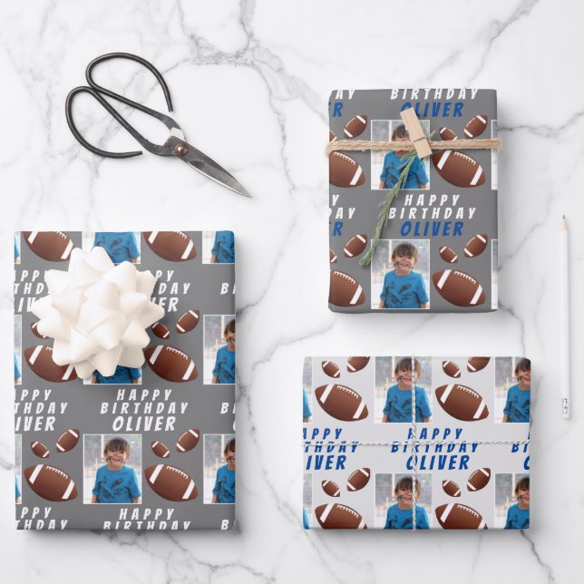 American Football Ball Sports Kids Birthday Photo Wrapping Paper Sheet (Front)