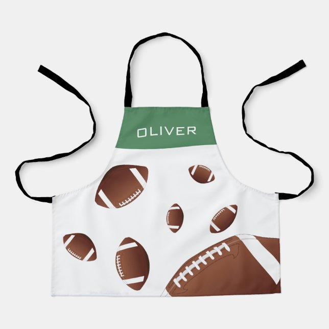 American Football Balls Green Kids Name Apron (Front)