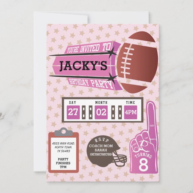 American Football Birthday Party Girls Pink Invite (Front)