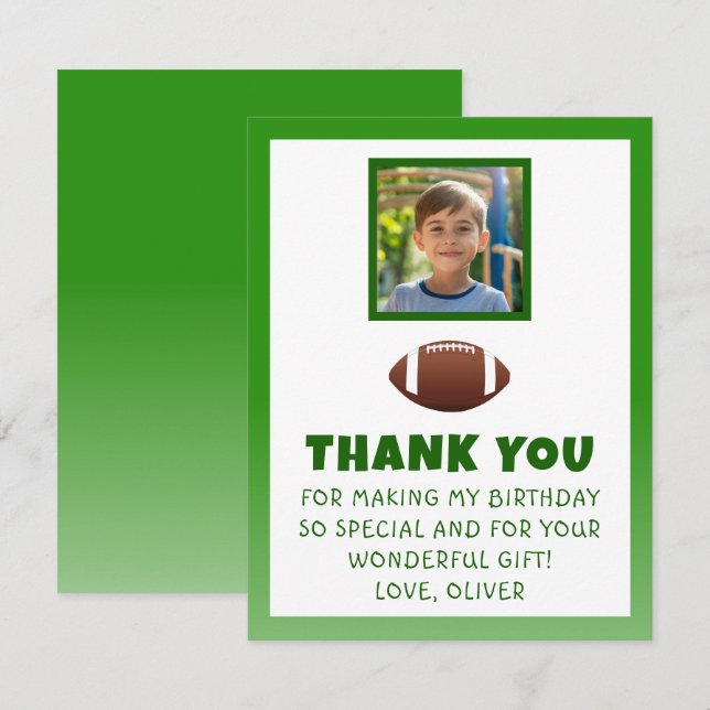 American Football Birthday Photo Thank You Card (Front/Back)