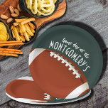 American Football Game Day Dark Green Paper Plate<br><div class="desc">Customisable paper plates in 2 SIZES - 9" and 7" feature an American football on dark green and the words "It's Game Day!" along with your name. MORE colours and matching items in our store.</div>