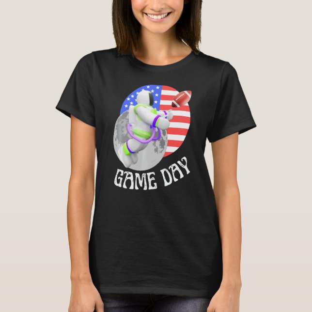 American Football  game Day USA Flag Astronaut Moo T-Shirt (Front)