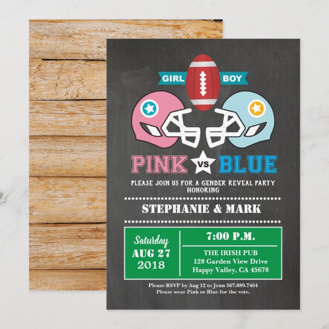 American football gender reveal party chalkboard invitation (Front/Back)