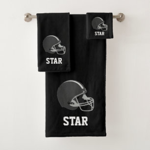 American Football Helmet & Text on Black Bath Towel Set