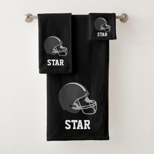 American Football Helmet & Text on Black Bath Towel Set (Insitu)