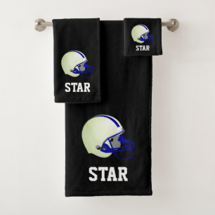 American Football Helmet & Text on Black Bath Towel Set