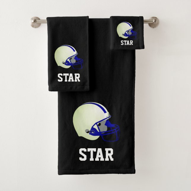 American Football Helmet & Text on Black Bath Towel Set (Insitu)