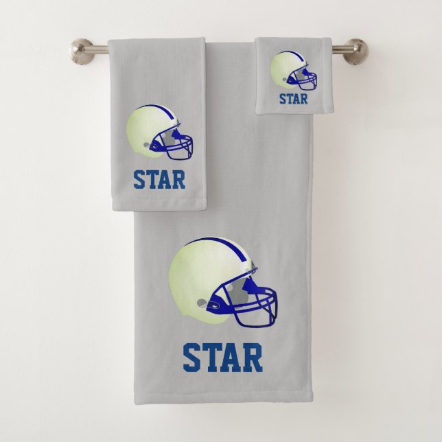 American Football Helmet & Text on Light Grey Bath Towel Set (Insitu)