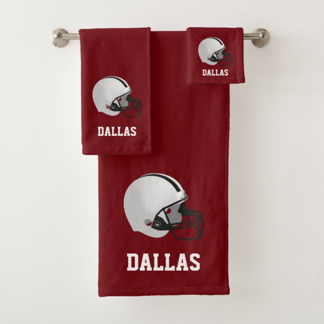 American Football Helmet & Text on Maroon Bath Towel Set (Insitu)