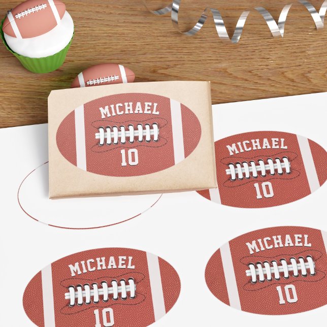 American Football Party Name Age Kids Birthday Oval Sticker (Fun football shaped oval stickers with space for a name and birthday age. Great for parties!)