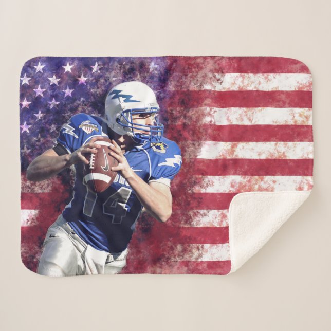 American Football Player & Flag Patriotic Sherpa Blanket (Front (Horizontal))