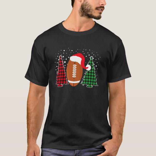 American Football Santa Hat Buffalo Plaid Christma T-Shirt (Front)