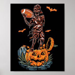 American Football Skeleton Halloween Pumpkin & Bat Poster