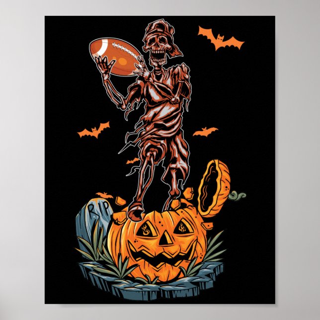 American Football Skeleton Halloween Pumpkin & Bat Poster (Front)