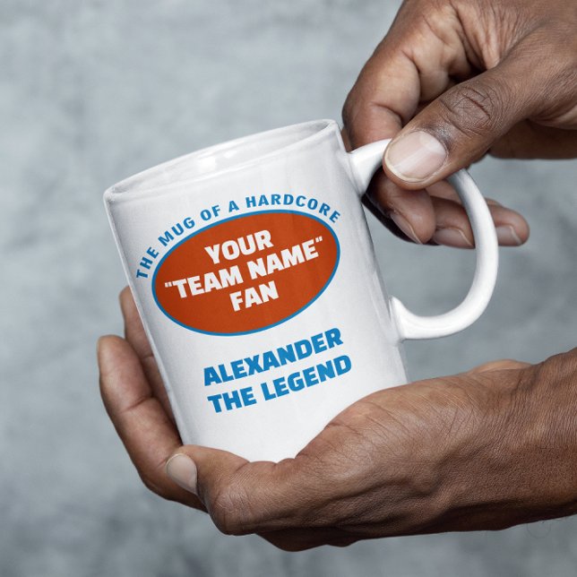 American Football Team Name Fan Blue Orange Coffee Mug (NFL football fan personalized mug with your favorite team and your name.)
