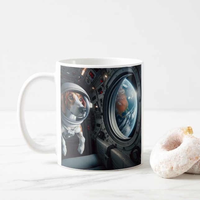 American Foxhound Astronaut in Outer Space Blue Coffee Mug (With Donut)