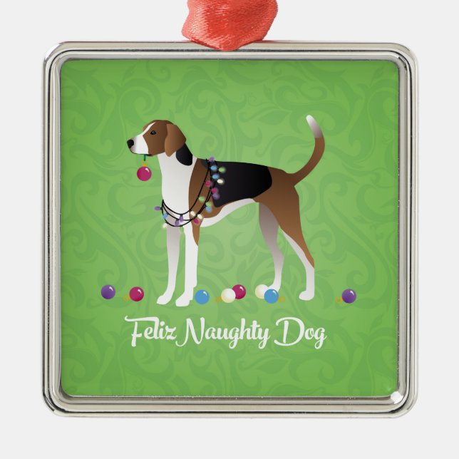American Foxhound Feliz Naughty Dog Christmas Metal Tree Decoration (Front)
