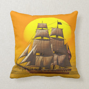 American Frigate Sails at Sunset Cushion