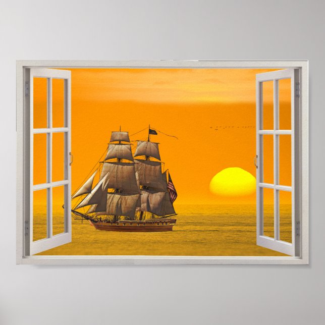 American Frigate Sails at Sunset Fake Window Poster (Front)